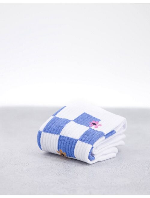 ASOS DESIGN sports socks with checkerboard floral in white