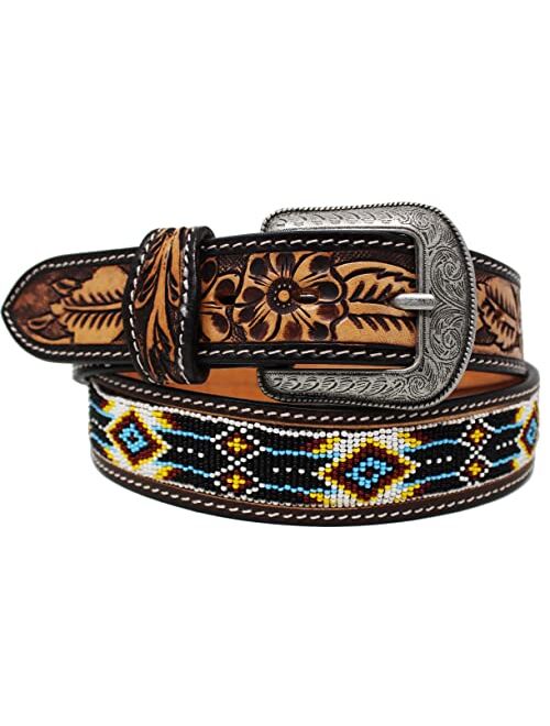 Unisex 1.5" Western Floral Tooled Beaded Full-Grain Leather Belt 26RTBeaded1