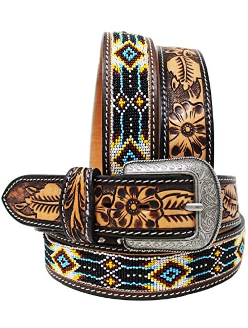 Unisex 1.5" Western Floral Tooled Beaded Full-Grain Leather Belt 26RTBeaded1