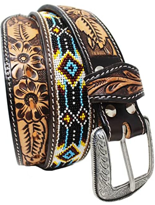 Unisex 1.5" Western Floral Tooled Beaded Full-Grain Leather Belt 26RTBeaded1