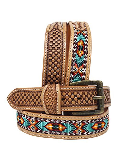 Challenger Horsewear Unisex 1.5" Western Floral Tooled Beaded Full-Grain Leather Belt 26RT22