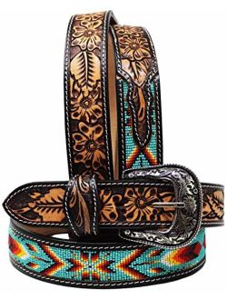 Challenger Horsewear Unisex 1.5" Western Floral Tooled Beaded Full-Grain Leather Belt 26RT48