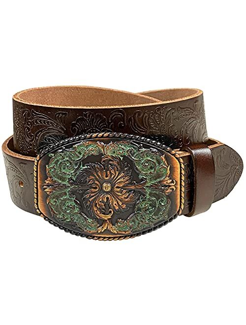 Belts.Com Floral Engraved Buckle Western Fashion Style Full Grain Genuine Leather Belt 1-1/2" (38mm) Wide, Multi-Style Option