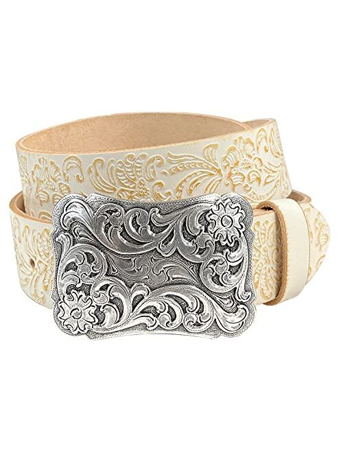 Belts.Com Floral Engraved Buckle Western Fashion Style Full Grain Genuine Leather Belt 1-1/2" (38mm) Wide, Multi-Style Option