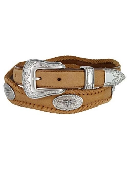 Belts.Com Longhorn Steer / Gold Star Conchos Ranger Belt Western Cowboy Cowgirl Genuine Leather Braided Belt, Size Up to 60"