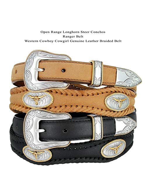 Belts.Com Longhorn Steer / Gold Star Conchos Ranger Belt Western Cowboy Cowgirl Genuine Leather Braided Belt, Size Up to 60"