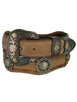 Belts.Com Cowboy Cowgirl Western Indian Coin/Star Conchos Crazy Horse Scalloped Genuine Leather Belt 1-1/2"(38mm) Wide