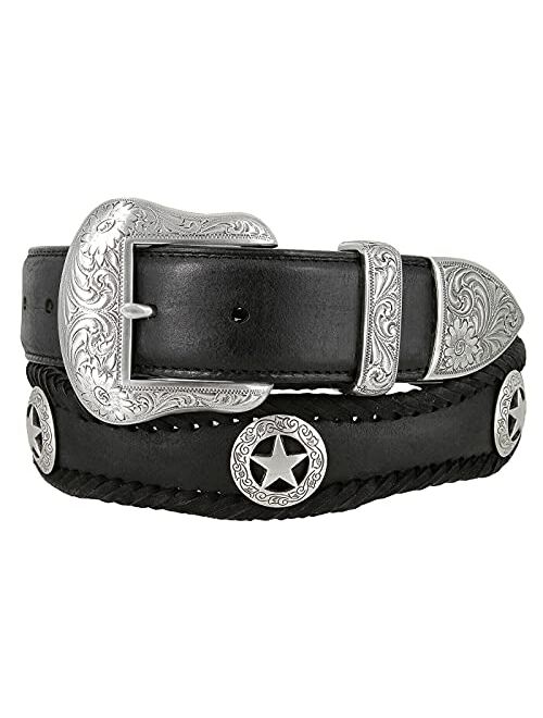 Belts.Com Cowboy Cowgirl Western Indian Coin/Star Conchos Crazy Horse Scalloped Genuine Leather Belt 1-1/2"(38mm) Wide