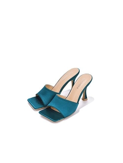 Four Square Sexy High Heels for Women, Faux Satin Square Open Toe Shoes Heels