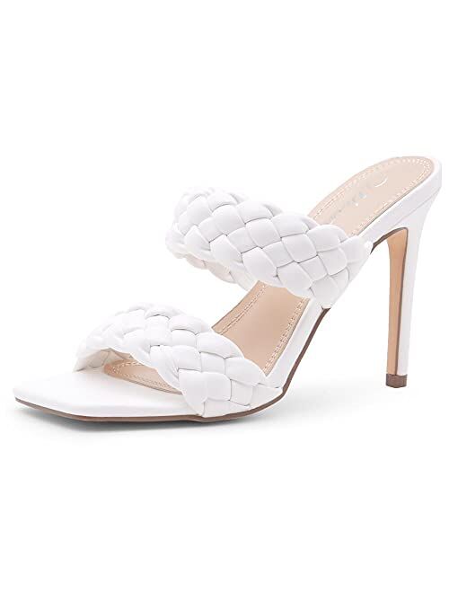 Herstyle LILAH Women's Square Open Toe Stiletto Heeled Mules Double Braided Strap Slide Sandals