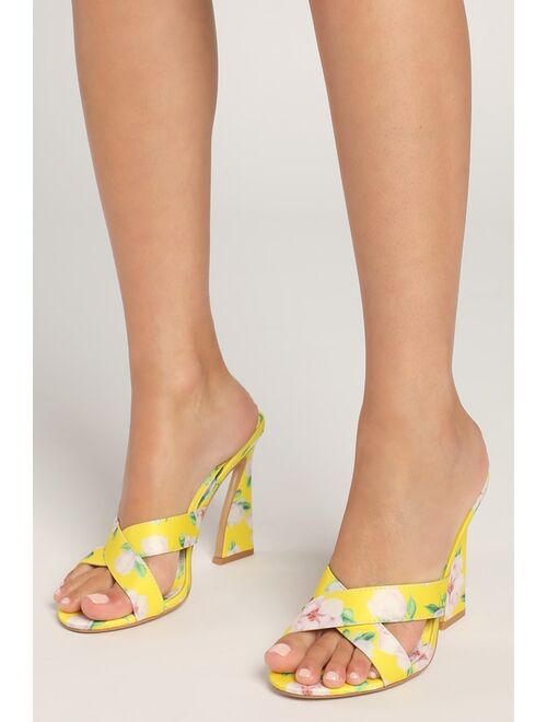 Lulus Allura Yellow Floral Print Satin High Heel Slide Sandals