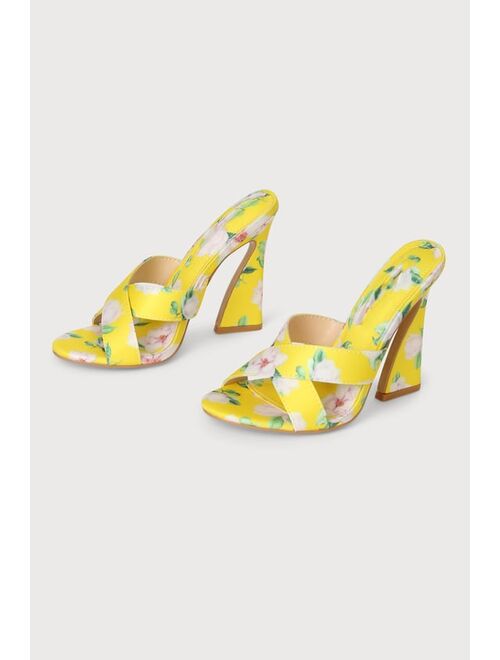 Lulus Allura Yellow Floral Print Satin High Heel Slide Sandals