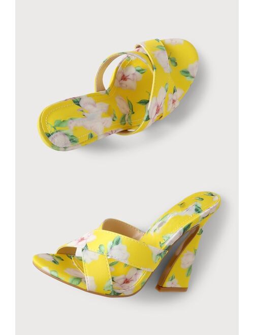 Lulus Allura Yellow Floral Print Satin High Heel Slide Sandals