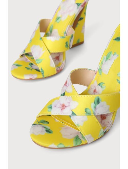 Lulus Allura Yellow Floral Print Satin High Heel Slide Sandals