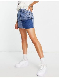 Only high waisted patchwork denim mini skirt in mid blue wash