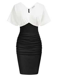 Women Batwing Short Sleeves Ruched Pencil Dress Elegant V Neck Bodycon Cocktail Dresses Knee Length