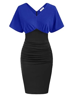 Women Batwing Short Sleeves Ruched Pencil Dress Elegant V Neck Bodycon Cocktail Dresses Knee Length