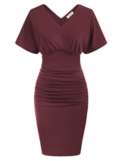 Women Batwing Short Sleeves Ruched Pencil Dress Elegant V Neck Bodycon Cocktail Dresses Knee Length