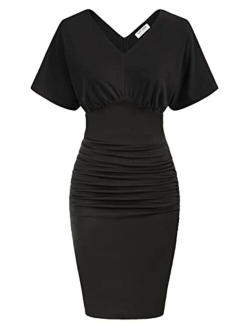 Women Batwing Short Sleeves Ruched Pencil Dress Elegant V Neck Bodycon Cocktail Dresses Knee Length