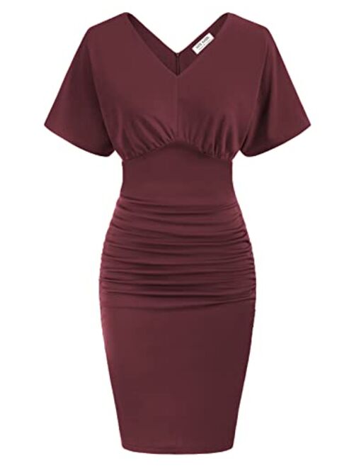 Kate Kasin Women Batwing Short Sleeves Ruched Pencil Dress Elegant V Neck Bodycon Cocktail Dresses Knee Length