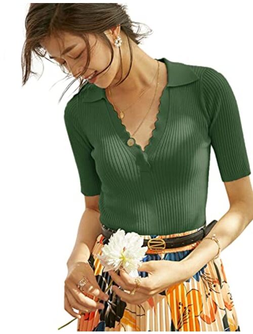 Kate Kasin Women's Polo Sweater Lightweight Knitwear V Neck Short Sleeves Spring Pullover Tops