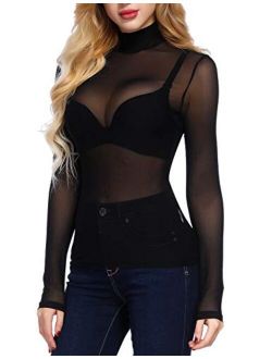 Women's Mesh Tops Long Sleeve Sheer Blouse Sexy Shirt High Neck Clubwear