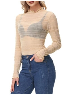 Women's Mesh Tops Long Sleeve Sheer Blouse Sexy Shirt High Neck Clubwear