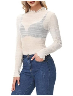 Women's Mesh Tops Long Sleeve Sheer Blouse Sexy Shirt High Neck Clubwear