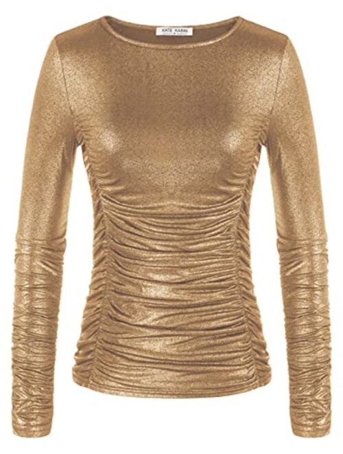 Kate Kasin Women's Mesh Tops Long Sleeve Sheer Blouse Sexy Shirt High Neck Clubwear