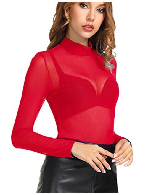 Kate Kasin Women's Mesh Tops Long Sleeve Sheer Blouse Sexy Shirt High Neck Clubwear