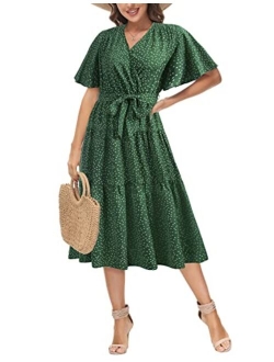 Women V-Neck Ruffle Short Sleeve Wrap Dress Tiered Flared A-Line Swing Maxi Dress with Belt