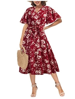 Women V-Neck Ruffle Short Sleeve Wrap Dress Tiered Flared A-Line Swing Maxi Dress with Belt