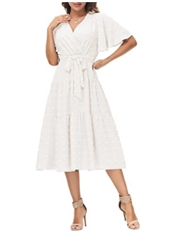 Women V-Neck Ruffle Short Sleeve Wrap Dress Tiered Flared A-Line Swing Maxi Dress with Belt