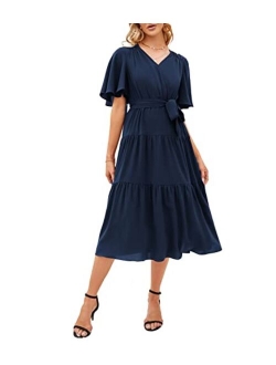 Women V-Neck Ruffle Short Sleeve Wrap Dress Tiered Flared A-Line Swing Maxi Dress with Belt