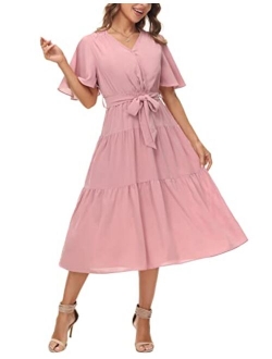 Women V-Neck Ruffle Short Sleeve Wrap Dress Tiered Flared A-Line Swing Maxi Dress with Belt