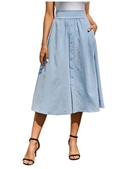 Women High Waisted Midi Skirts Casual Pleated Solid Color A Line Skirts with Pockets