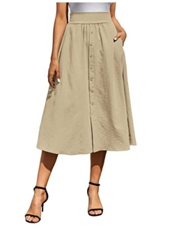 Women High Waisted Midi Skirts Casual Pleated Solid Color A Line Skirts with Pockets