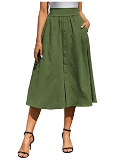 Women High Waisted Midi Skirts Casual Pleated Solid Color A Line Skirts with Pockets