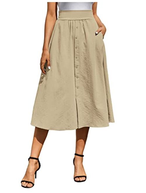 Kate Kasin Women High Waisted Midi Skirts Casual Pleated Solid Color A Line Skirts with Pockets