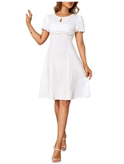 Women's Puff Short Sleeve Summer Casual A Line Dress Round Neck Keyhole Front Fashion Party Midi Dress