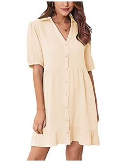 Women's Summer Short Sleeve V Neck Button Down Casual Swing Short Dress