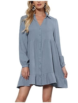 Women's Summer Short Sleeve V Neck Button Down Casual Swing Short Dress