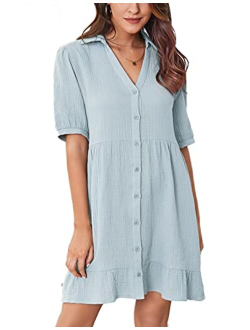 Kate Kasin Women's Summer Short Sleeve V Neck Button Down Casual Swing Short Dress