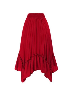 Women's Pleated Elastic High Waist A Line Ruffle Swing Midi Skirts