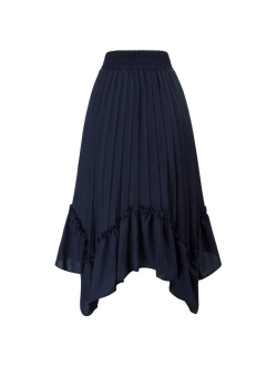 Women's Pleated Elastic High Waist A Line Ruffle Swing Midi Skirts