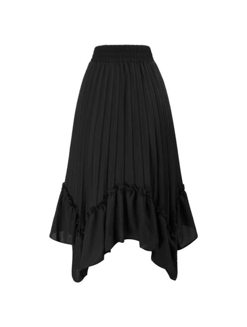 Kate Kasin Women's Pleated Elastic High Waist A Line Ruffle Swing Midi Skirts