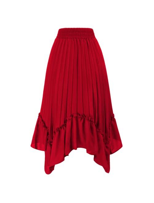 Kate Kasin Women's Pleated Elastic High Waist A Line Ruffle Swing Midi Skirts