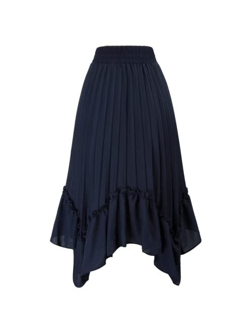 Kate Kasin Women's Pleated Elastic High Waist A Line Ruffle Swing Midi Skirts