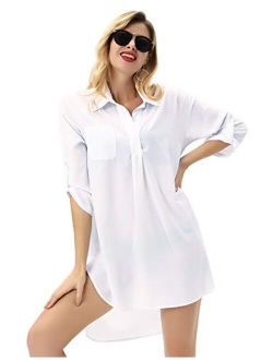 Womens Sexy Sleep Shirts Mesh Long Sleeve Swimwear Cover Up Sheer Blouse Lingerie S-XXL