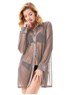 Womens Sexy Sleep Shirts Mesh Long Sleeve Swimwear Cover Up Sheer Blouse Lingerie S-XXL